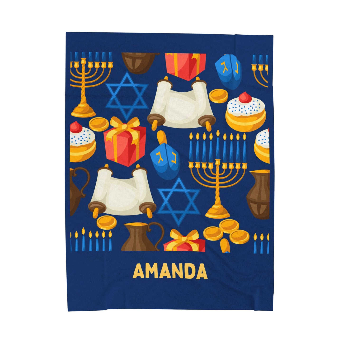 Personalized Hannukah Velveteen Plush Blanket - Hannukah Menorah Dreidel Star of David Personalized
