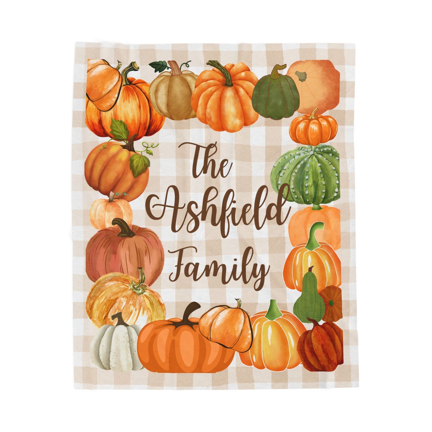 Fall Pumpkin Patch Plaid Personalized Family Blanket, Autumn Cozy Throw, Custom Thanksgiving Gift, Warm Holiday,Velveteen Plush Blanket