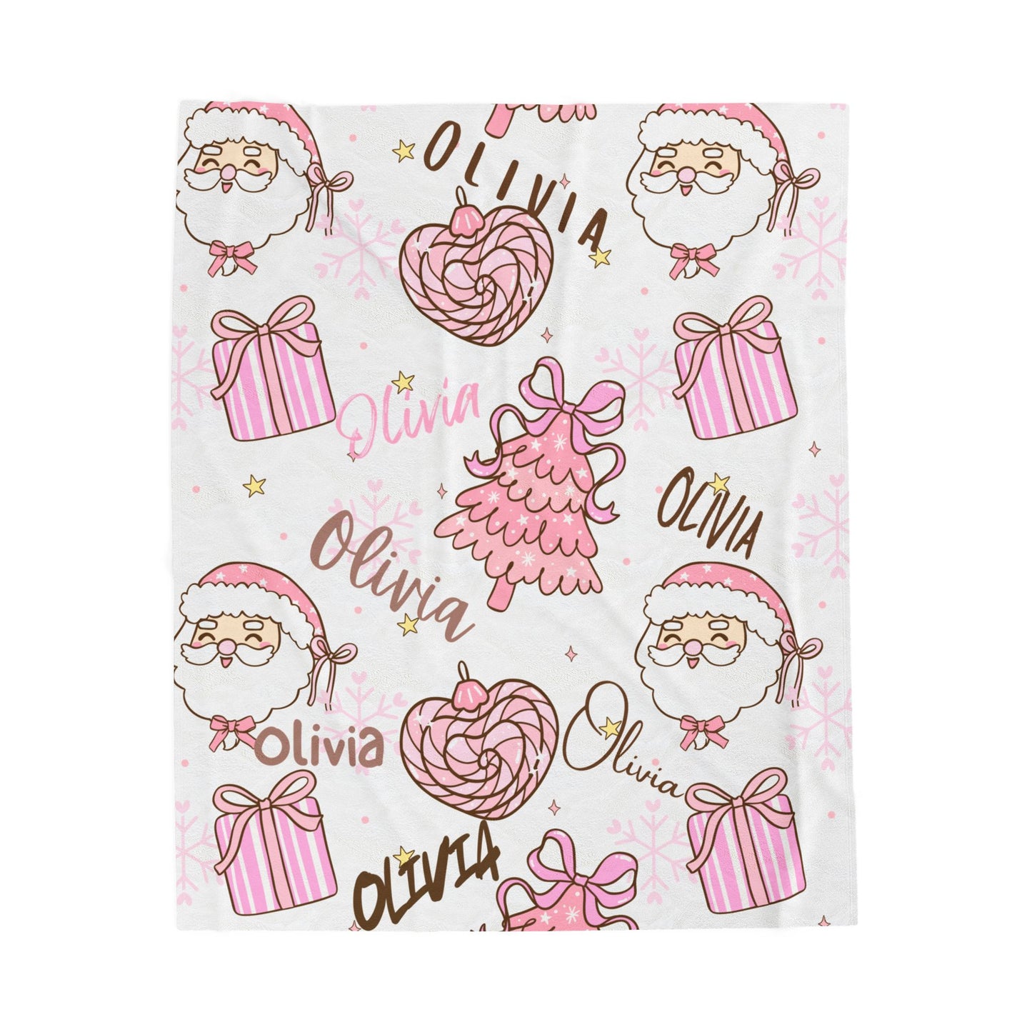 Christmas in Pink Personalized, Santa Trees Gifts, Holiday Gift, Custom Name Throw, Cozy Winter Decor,Velveteen Plush Blanket -