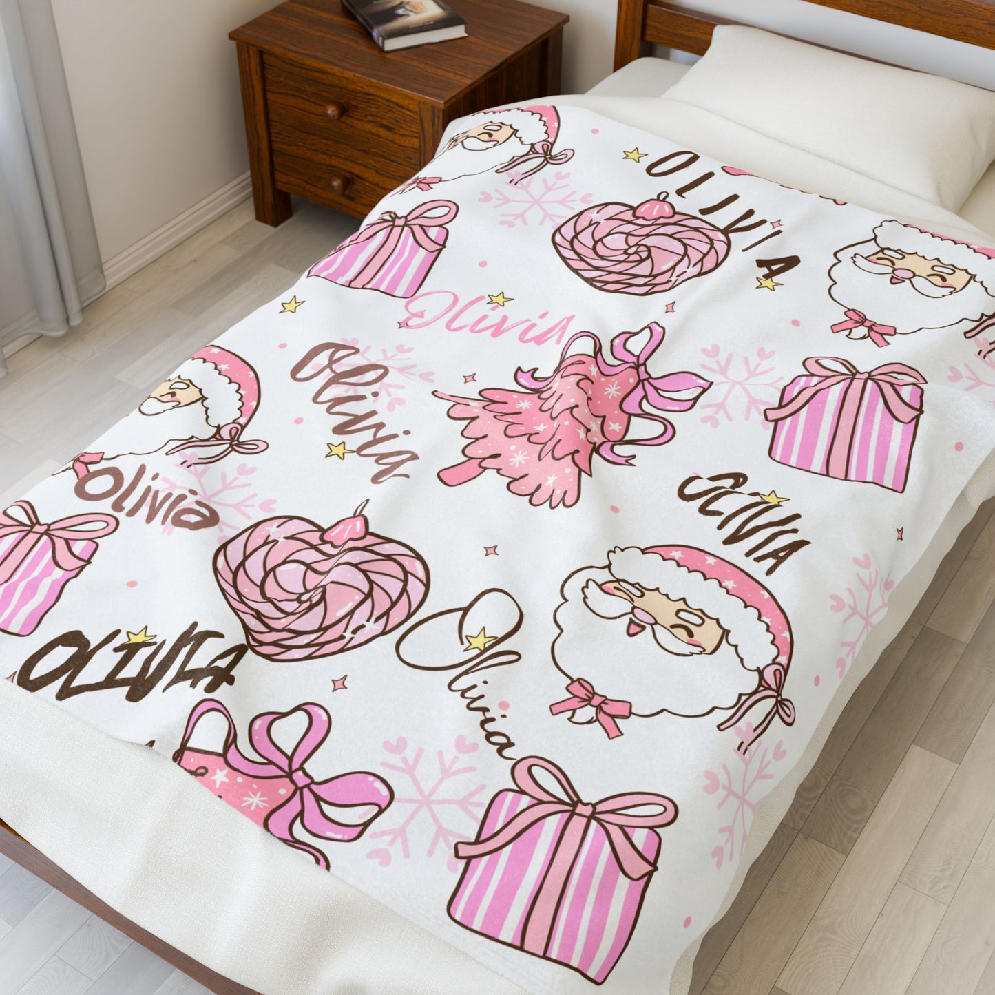 Christmas in Pink Personalized, Santa Trees Gifts, Holiday Gift, Custom Name Throw, Cozy Winter Decor,Velveteen Plush Blanket -