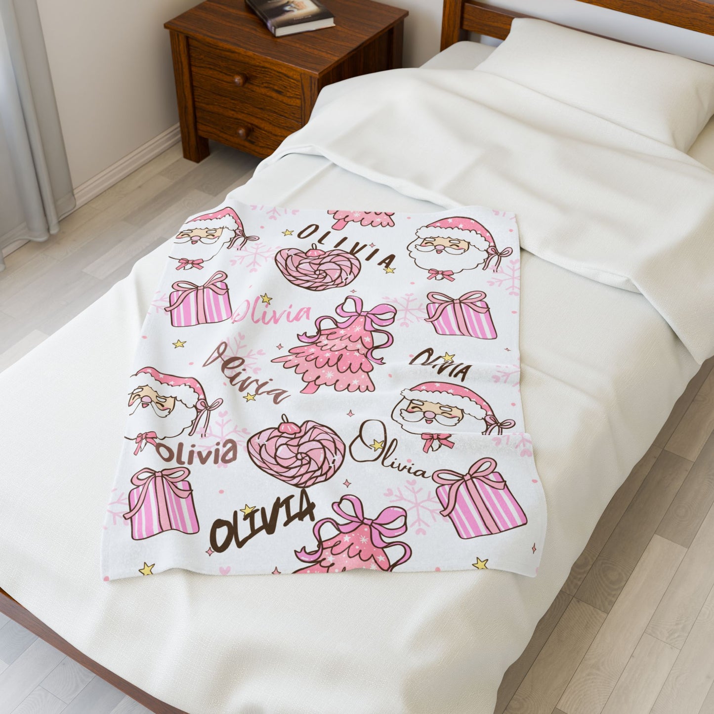 Christmas in Pink Personalized, Santa Trees Gifts, Holiday Gift, Custom Name Throw, Cozy Winter Decor,Velveteen Plush Blanket -