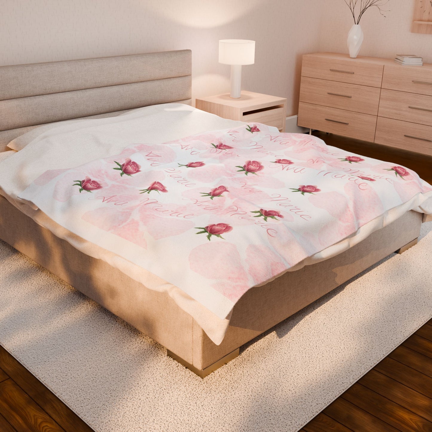 Personalized Velveteen Plush Blanket with Pink Roses - Gift for newborn, nursery decor