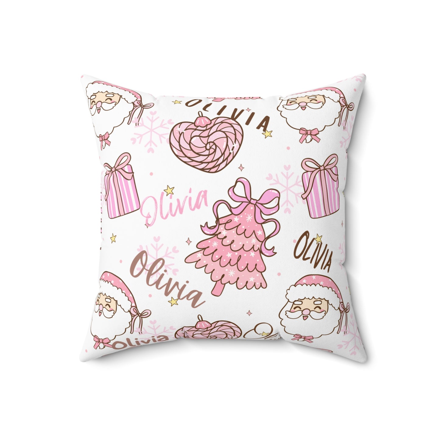 Christmas Pink Personalized Spun Polyester Pillow, Holiday Decor, Custom Name Cushion, Festive Square Throw Pillow, Home Accent