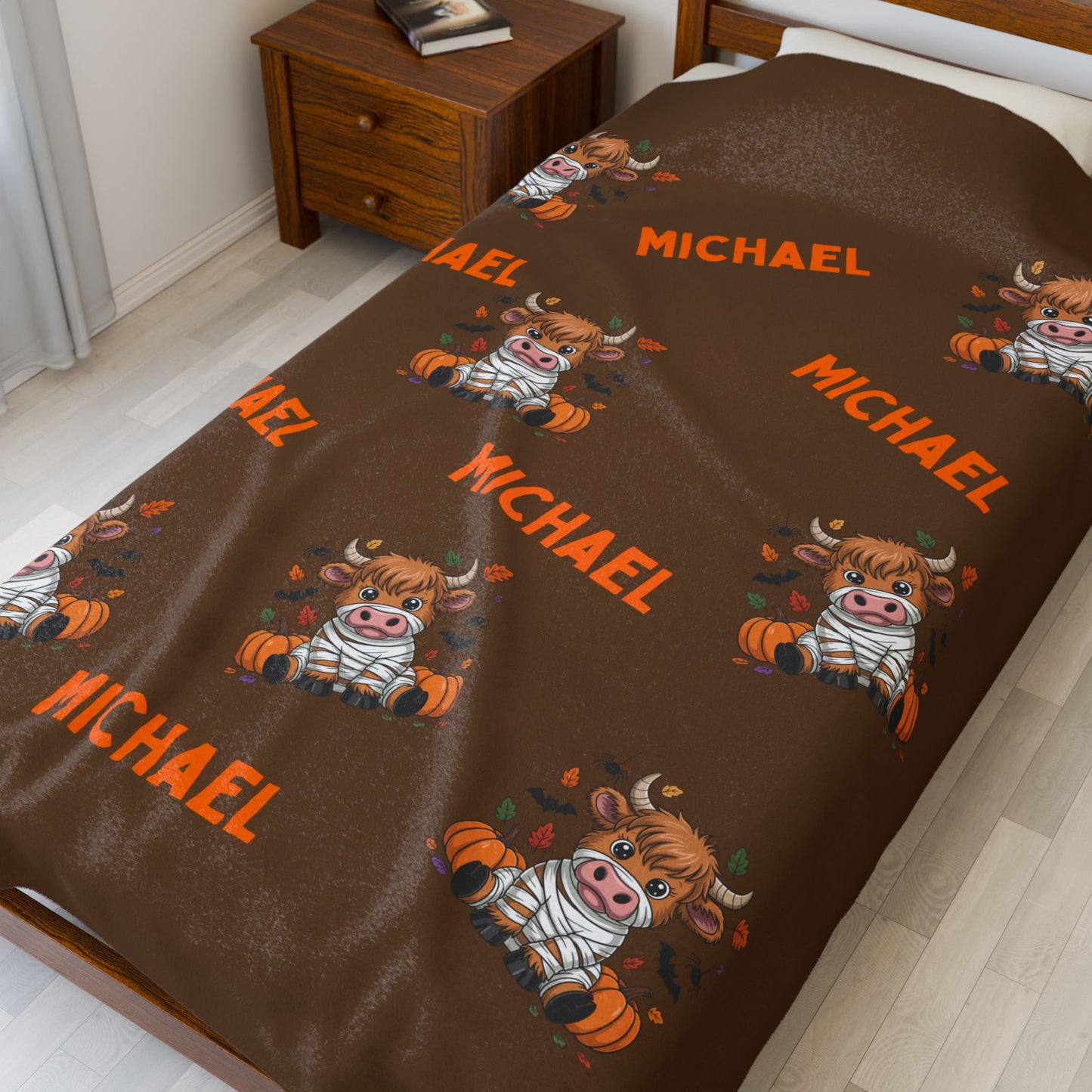 Personalized Halloween Velveteen Plush Blanket, Cow Mummy Costume, Custom Name, Kids Adults, Soft Throw Decor, Holiday Gift, Halloween Decor