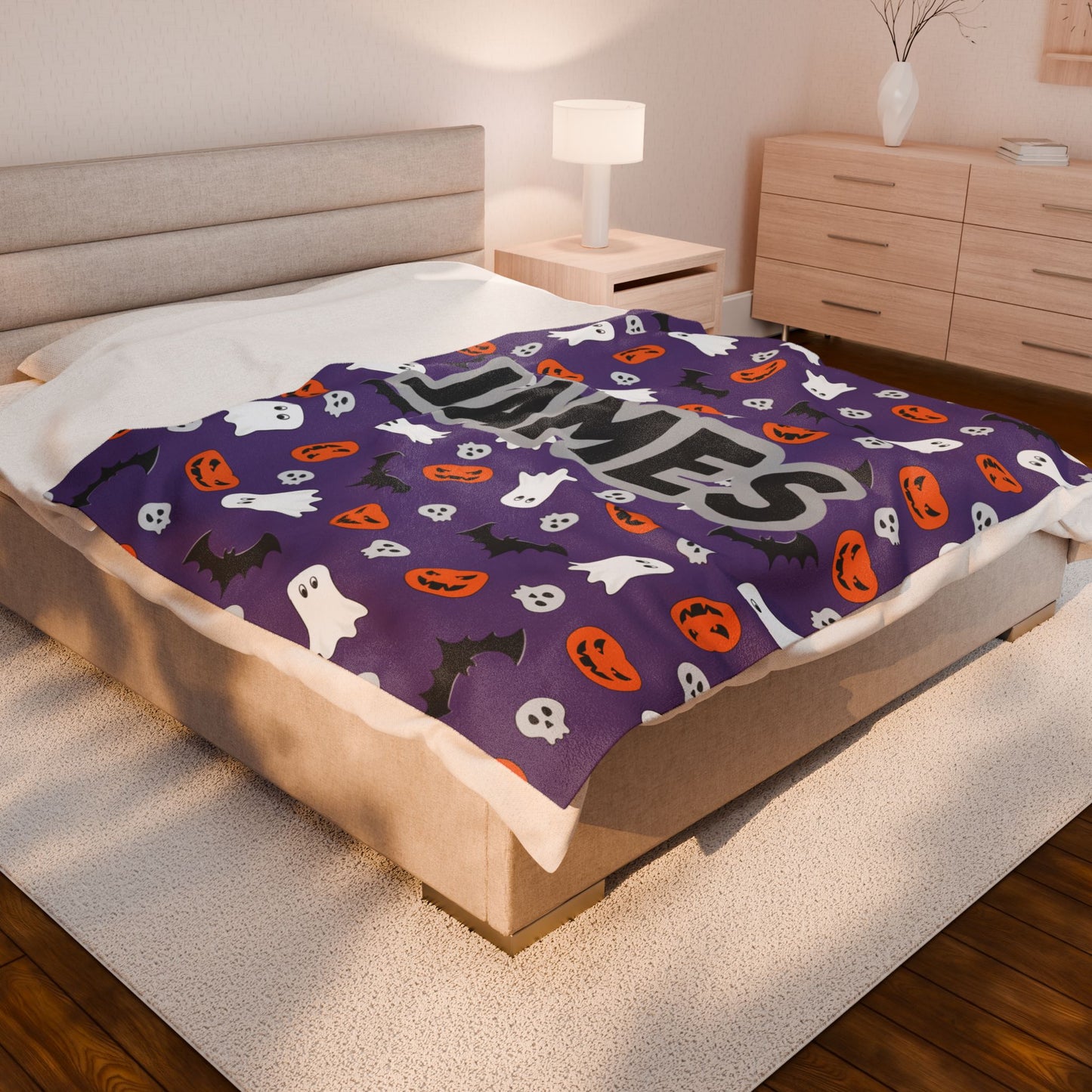 Plush Halloween Blanket, Personalized Name Ghosts and Pumpkins, Purple, Boy, Halloween Decor, Halloween Gift, Halloween Bedding, Halloween