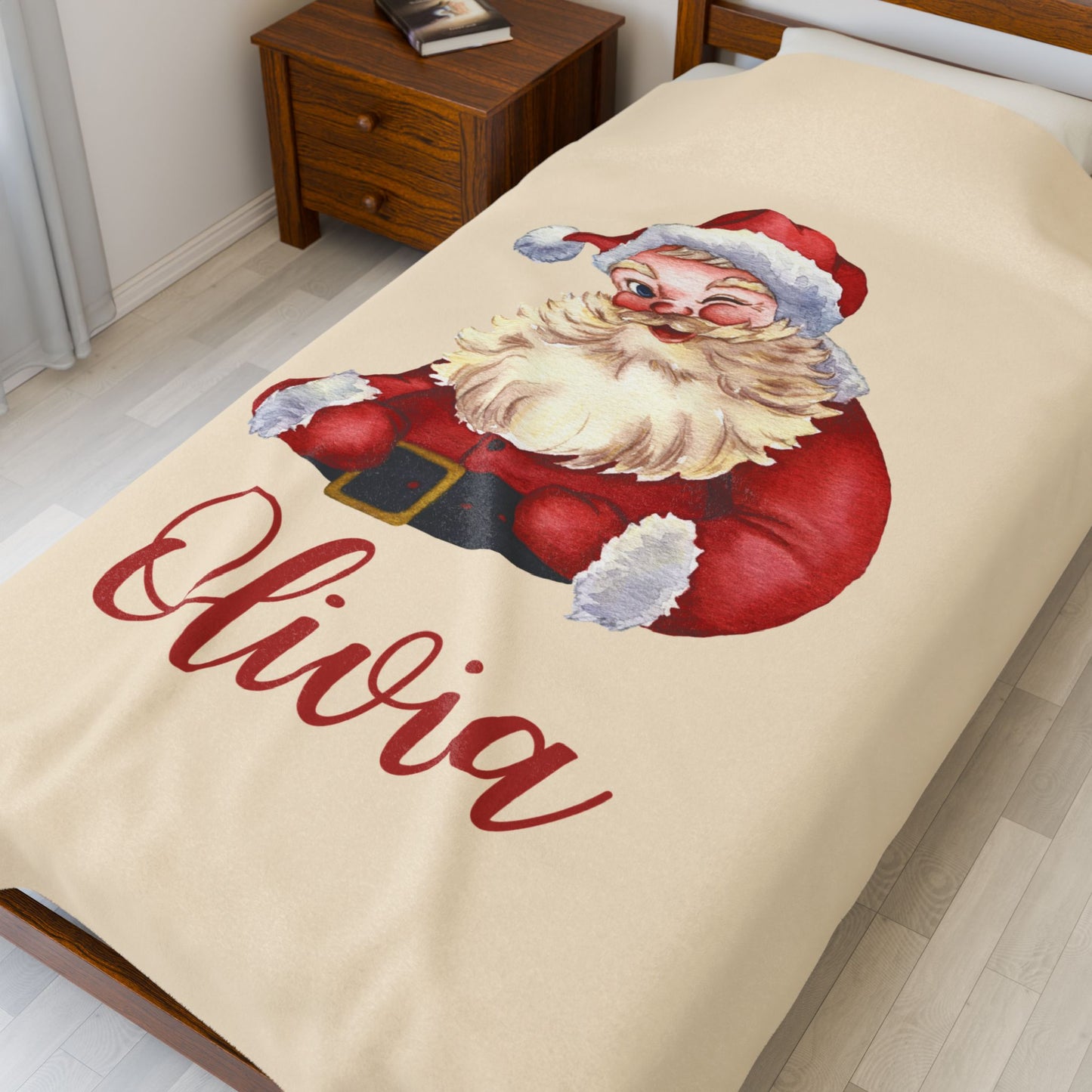 Santa Velveteen Plush Blanket with Personalized Name - Christmas Gift, Holiday Blanket, Custom Holiday Throw, Festive Santa Claus Blanket,