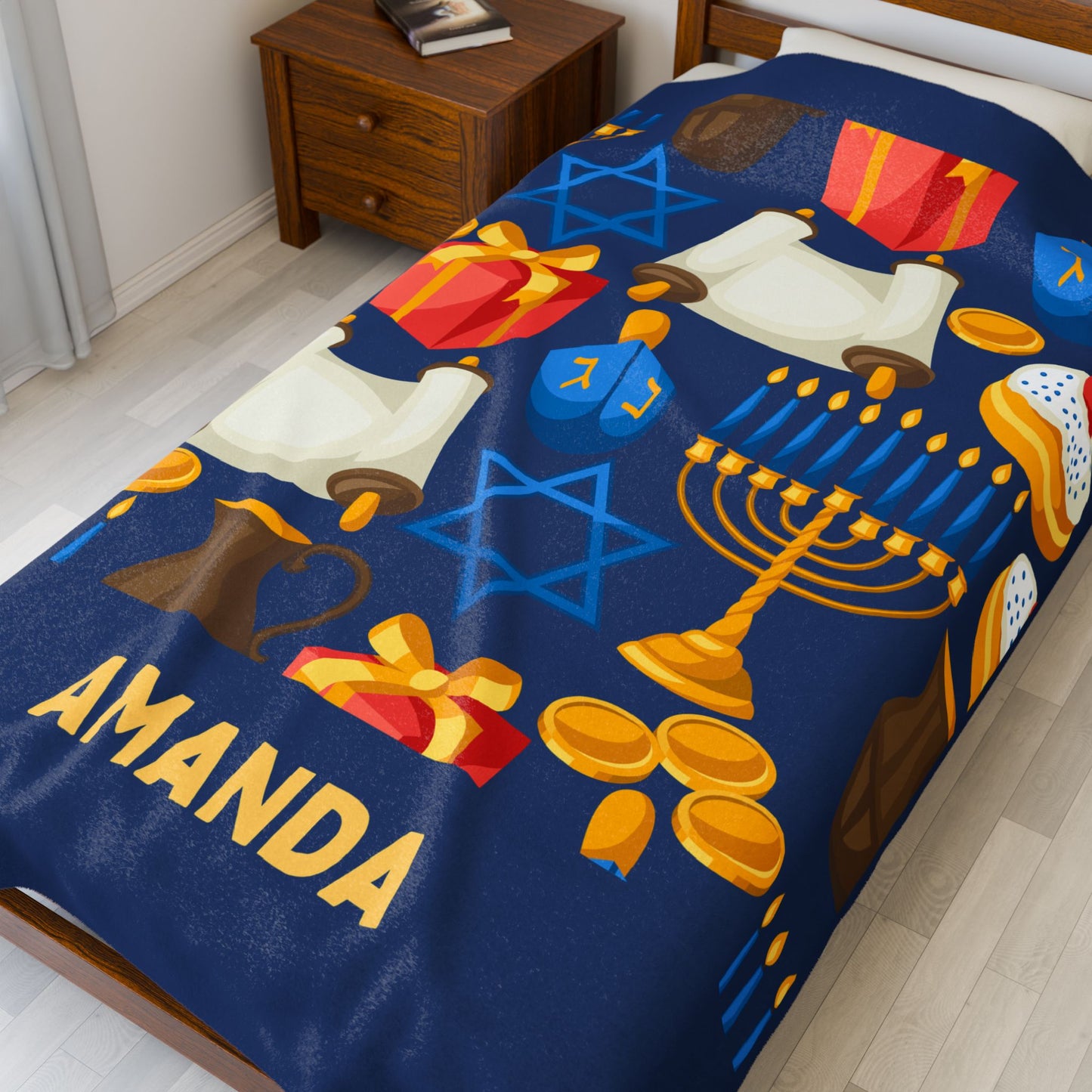 Personalized Hannukah Velveteen Plush Blanket - Hannukah Menorah Dreidel Star of David Personalized