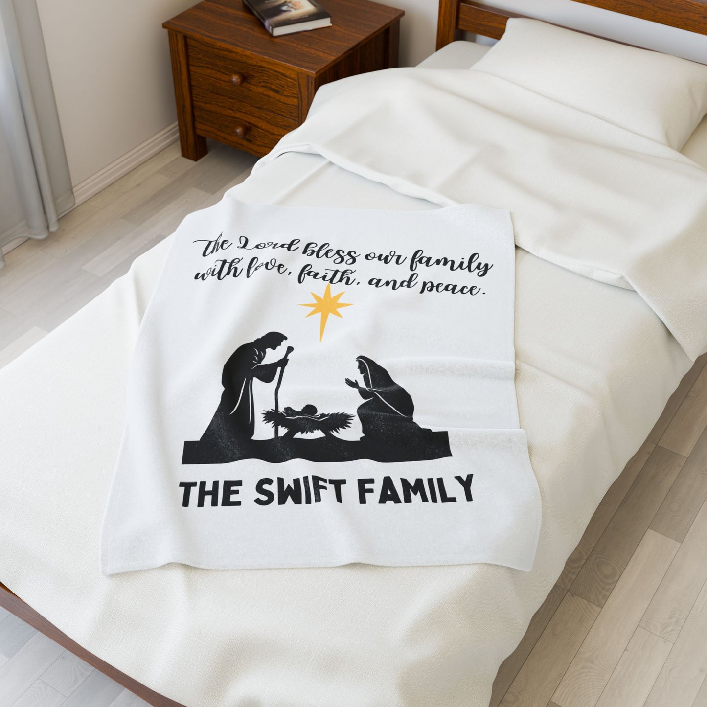 Religious Personalized Velveteen Plush Blanket with Holy Family Prayer - Family Name Personalized
