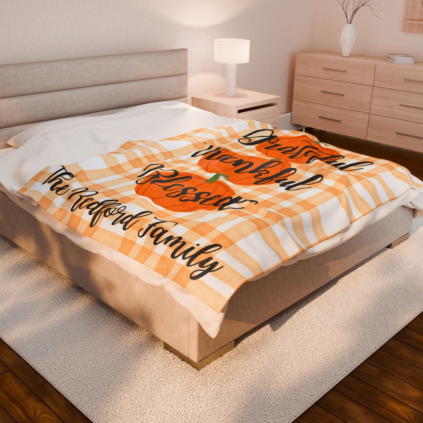 Plaid Personalized Fall Plush Blanket, Family Pumpkins Thanksgiving, Personalized Cozy Throw, Autumn Decor, Gift for hostess, Custom Name