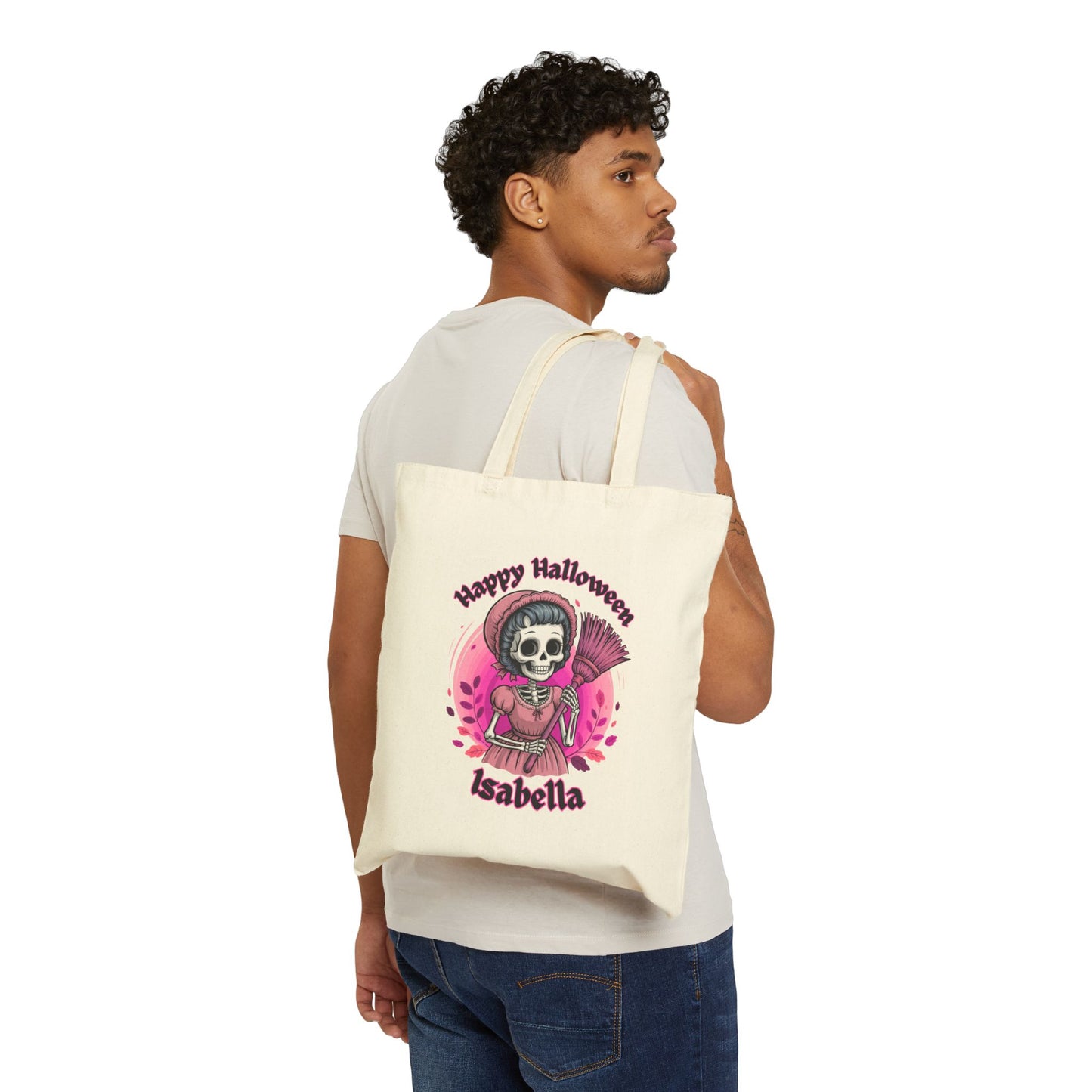 Pink Skeleton Witch Cotton Canvas Tote Bag, Halloween Candy Bag, Trick or Treat Tote, Cute Witch Tote, Halloween Party Bag, Halloween
