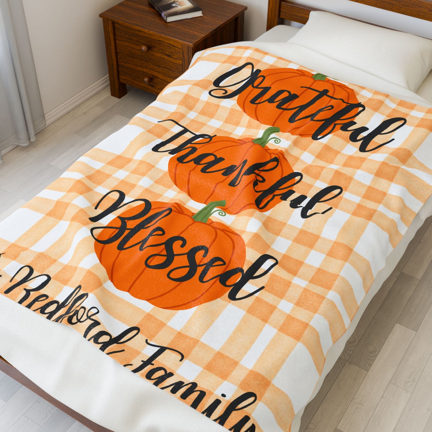 Plaid Personalized Fall Plush Blanket, Family Pumpkins Thanksgiving, Personalized Cozy Throw, Autumn Decor, Gift for hostess, Custom Name