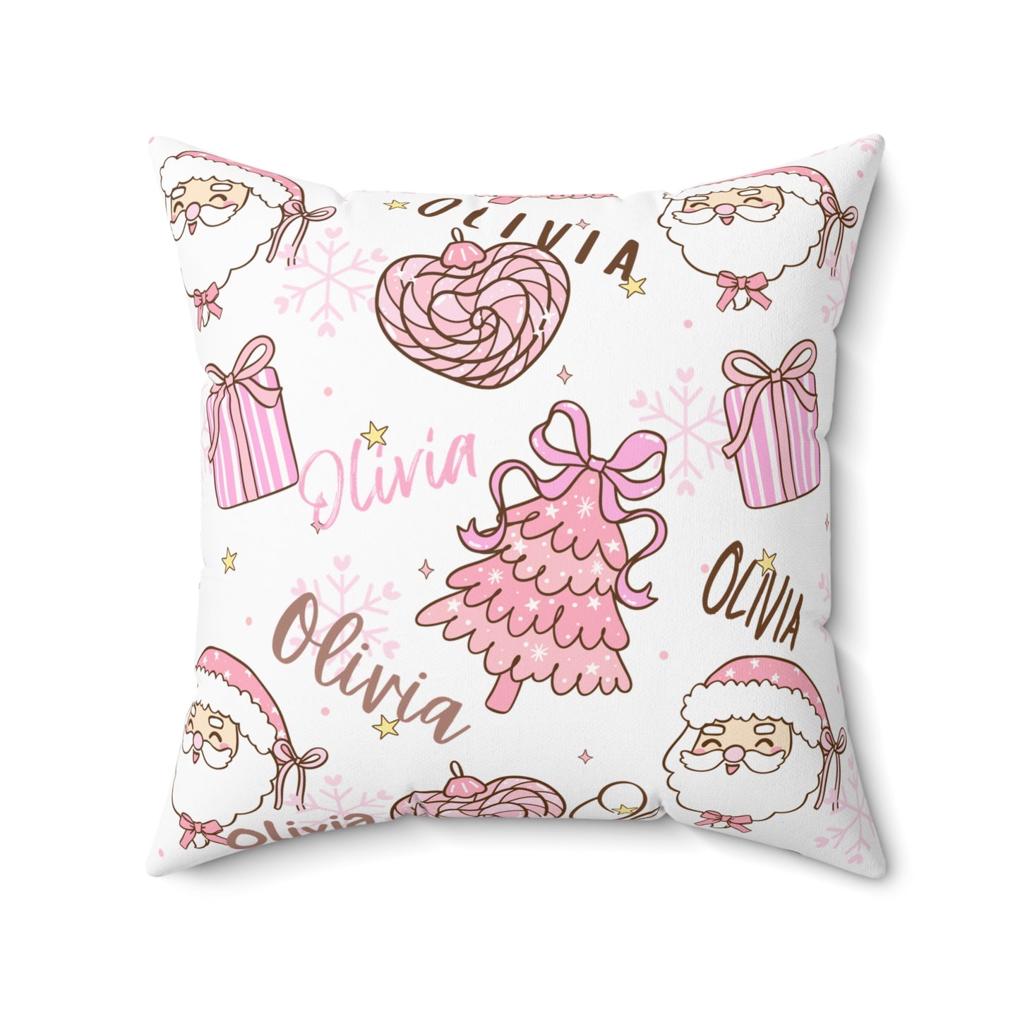 Christmas Pink Personalized Spun Polyester Pillow, Holiday Decor, Custom Name Cushion, Festive Square Throw Pillow, Home Accent