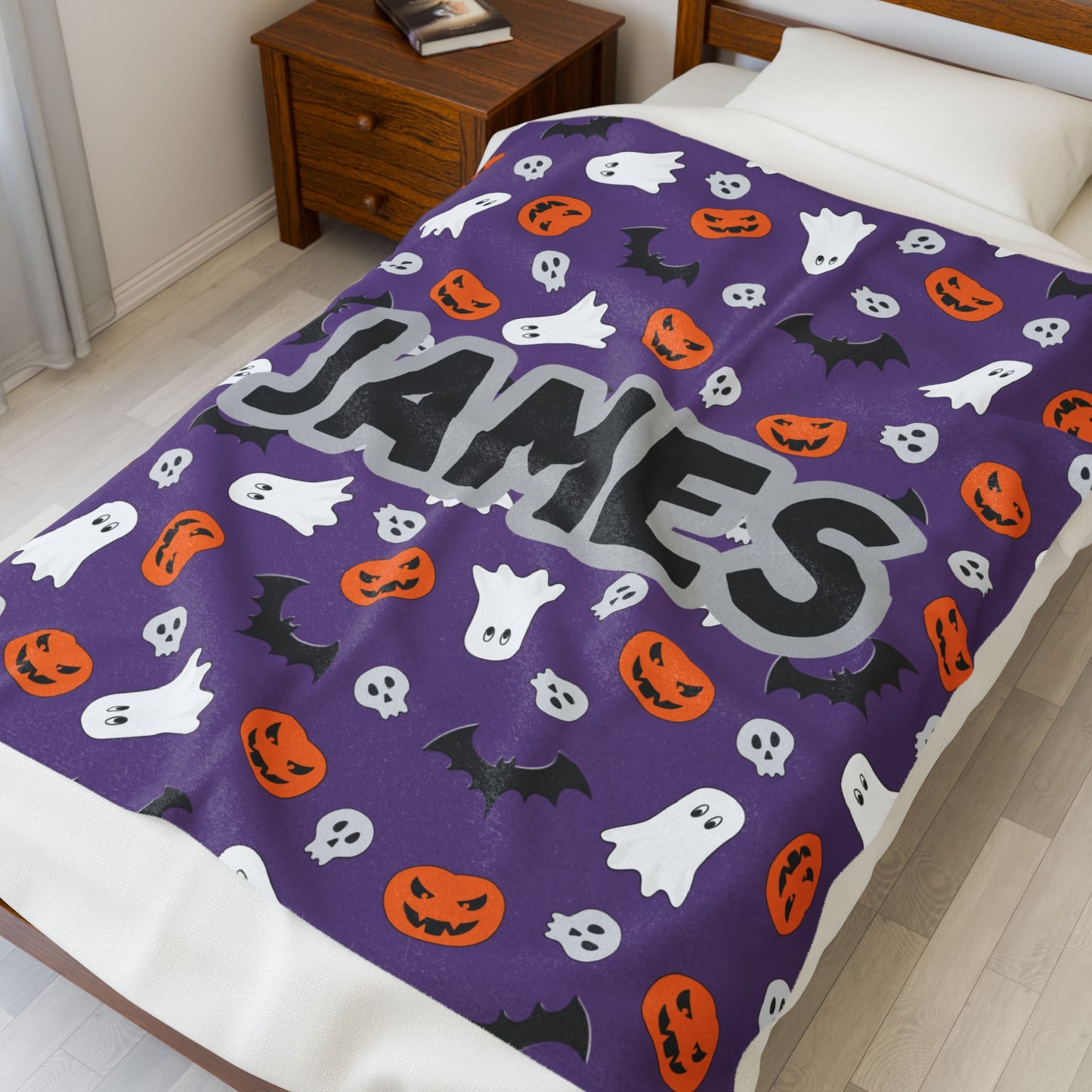 Plush Halloween Blanket, Personalized Name Ghosts and Pumpkins, Purple, Boy, Halloween Decor, Halloween Gift, Halloween Bedding, Halloween