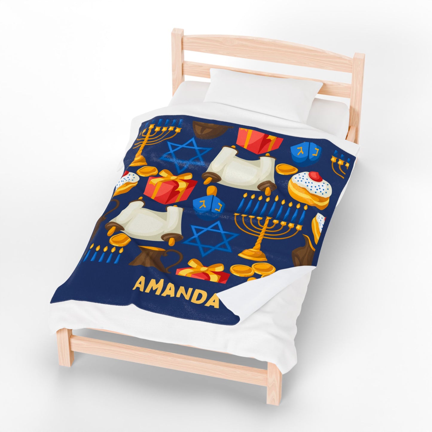 Personalized Hannukah Velveteen Plush Blanket - Hannukah Menorah Dreidel Star of David Personalized