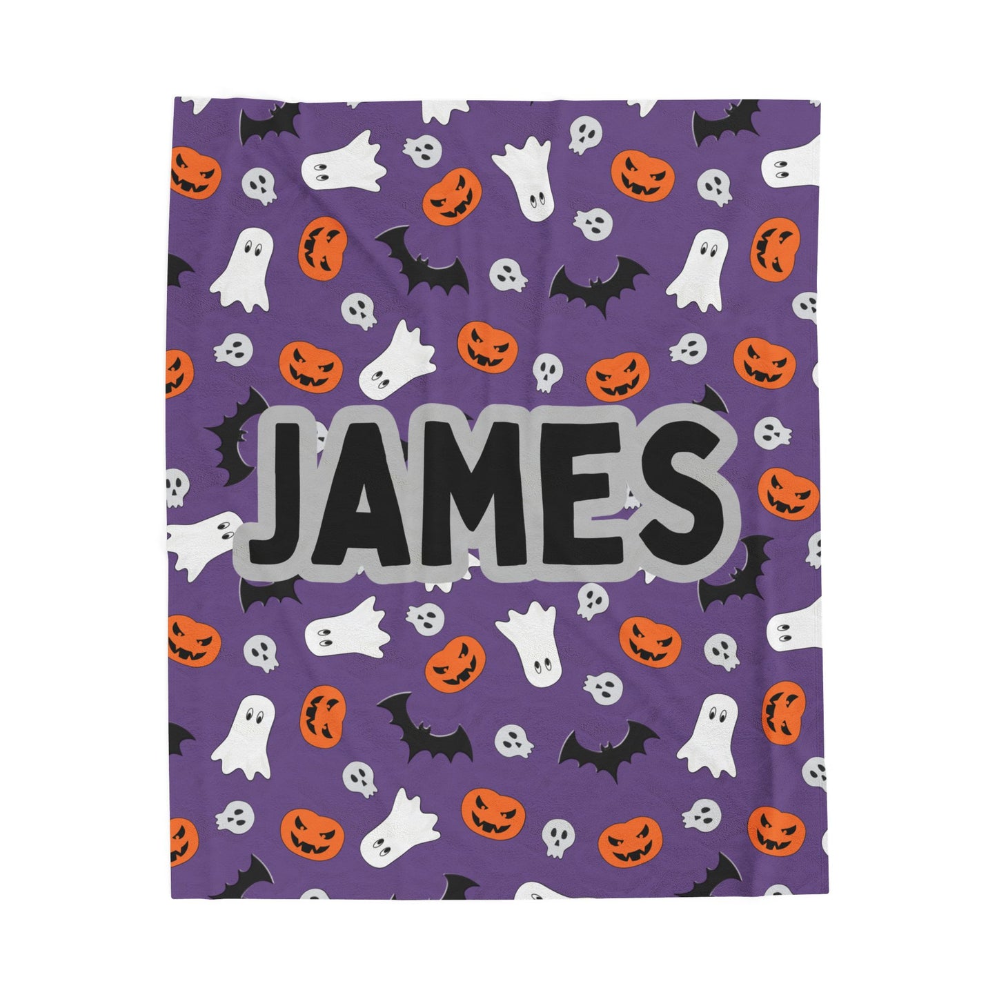 Plush Halloween Blanket, Personalized Name Ghosts and Pumpkins, Purple, Boy, Halloween Decor, Halloween Gift, Halloween Bedding, Halloween