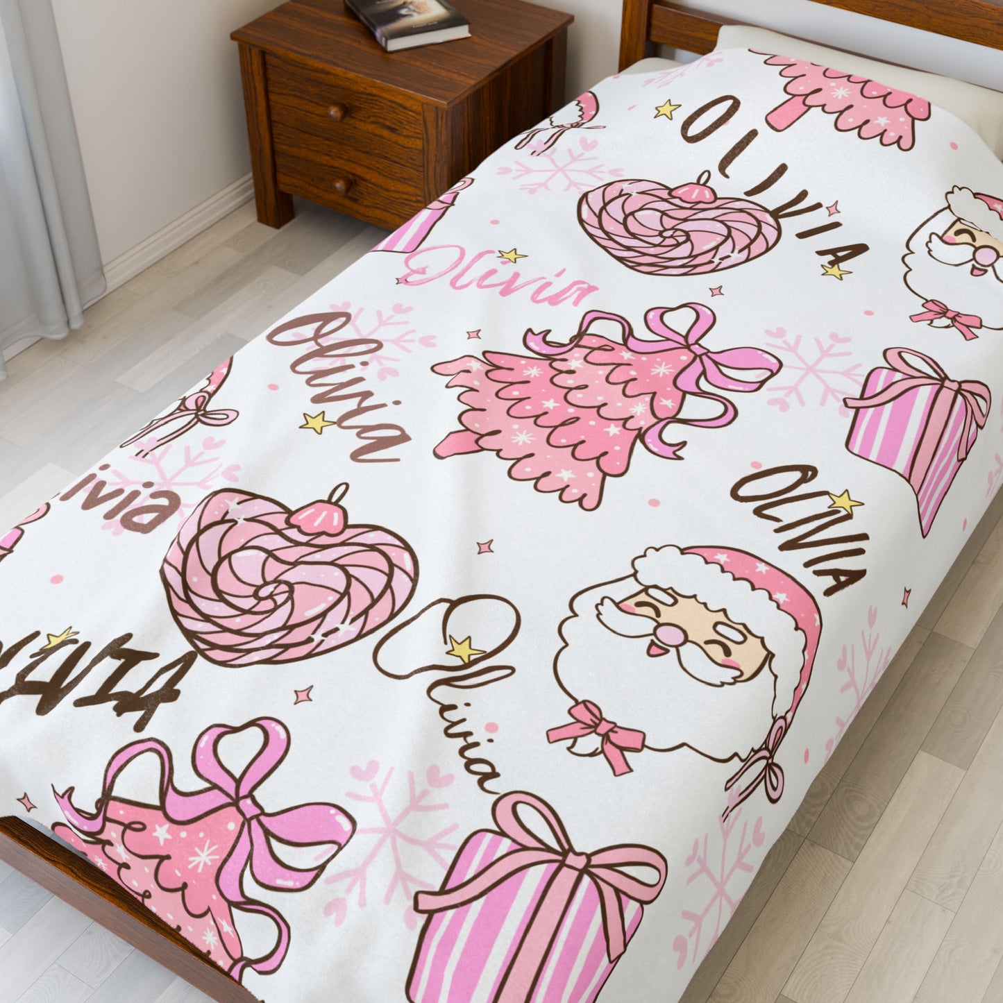 Christmas in Pink Personalized, Santa Trees Gifts, Holiday Gift, Custom Name Throw, Cozy Winter Decor,Velveteen Plush Blanket -