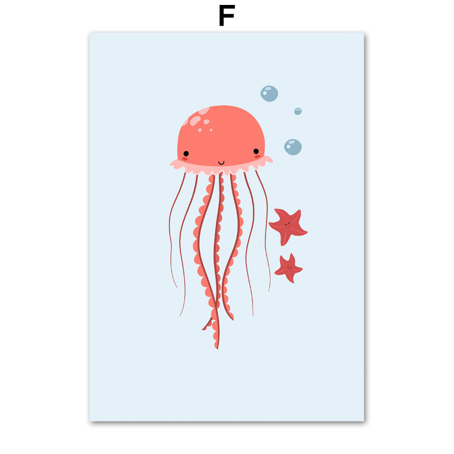 Cartoon Alphanumeric Table Octopus Jellyfish Wall Art Canvas Painting