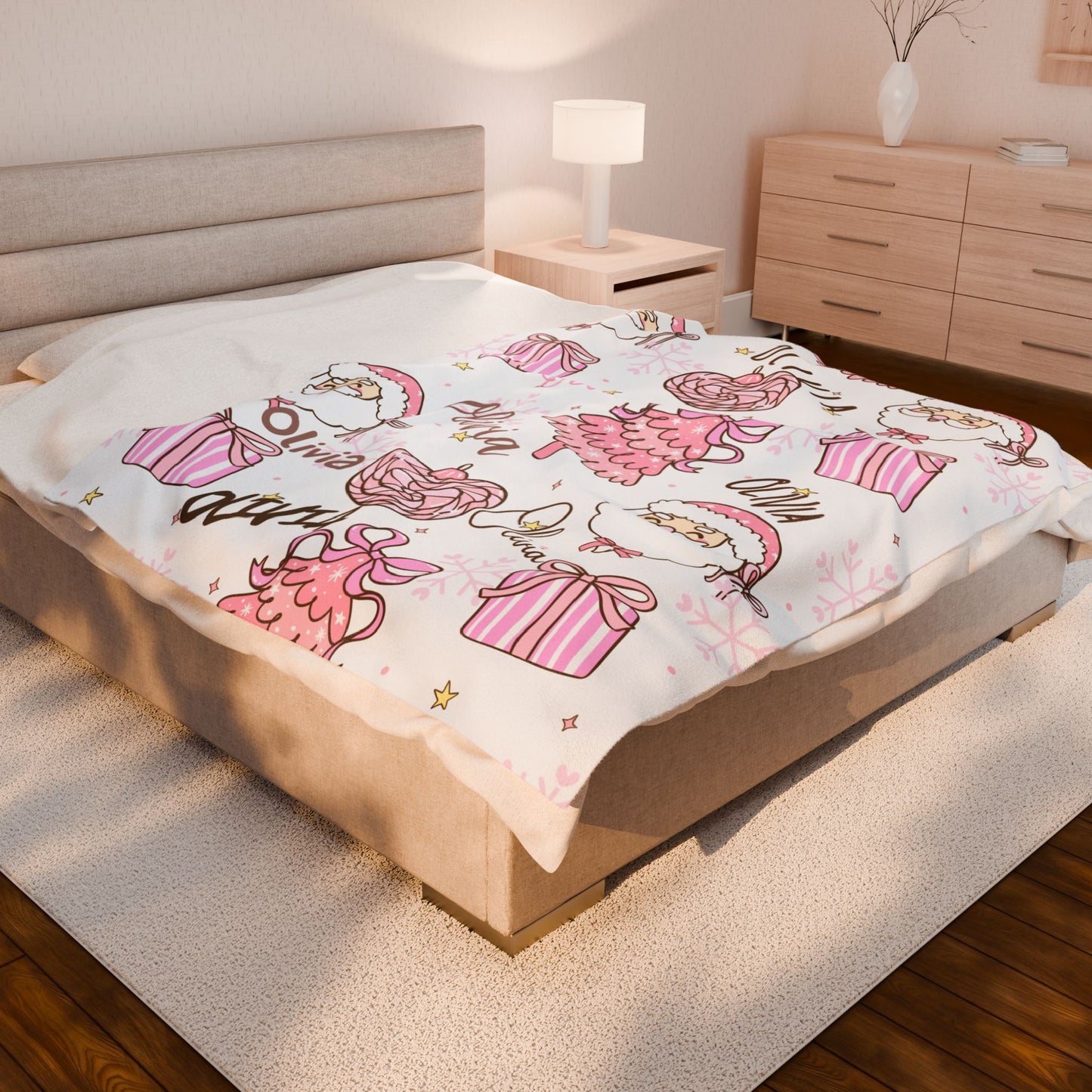 Christmas in Pink Personalized, Santa Trees Gifts, Holiday Gift, Custom Name Throw, Cozy Winter Decor,Velveteen Plush Blanket -