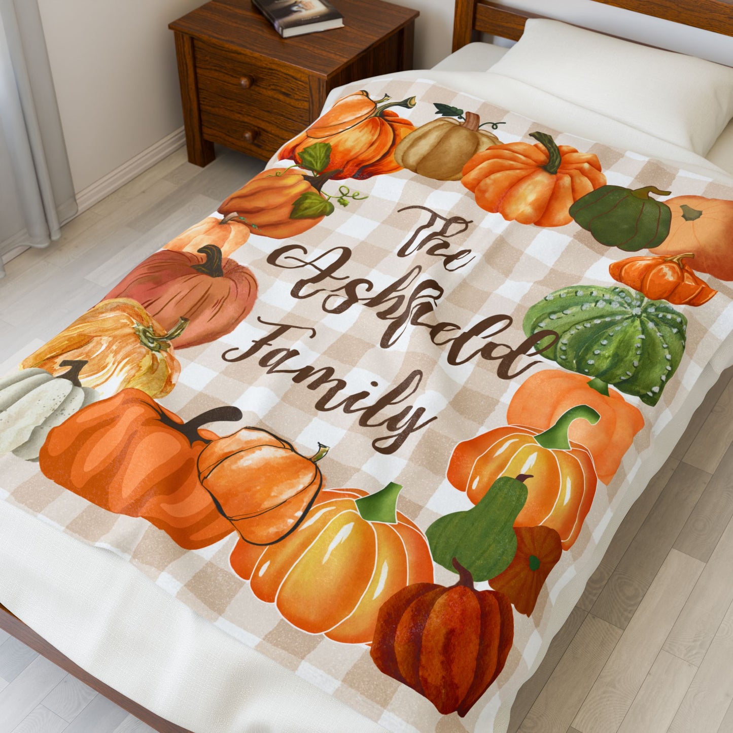 Fall Pumpkin Patch Plaid Personalized Family Blanket, Autumn Cozy Throw, Custom Thanksgiving Gift, Warm Holiday,Velveteen Plush Blanket