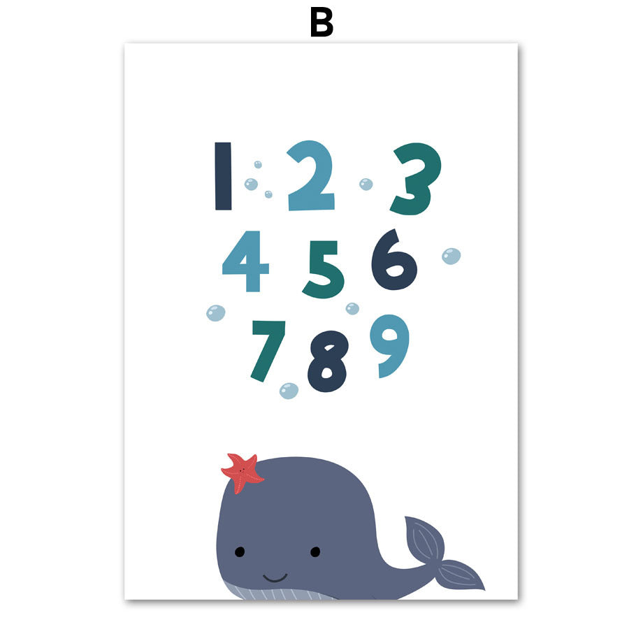 Cartoon Alphanumeric Table Octopus Jellyfish Wall Art Canvas Painting