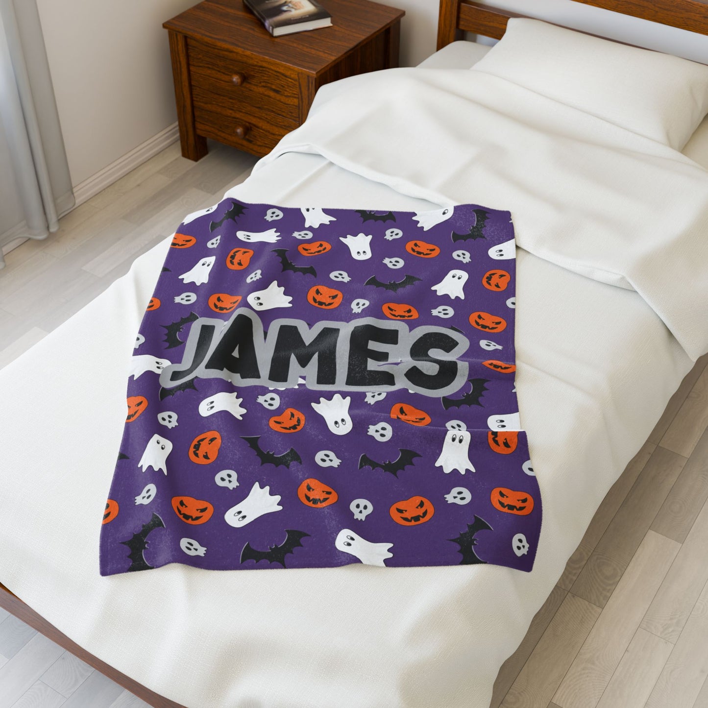 Plush Halloween Blanket, Personalized Name Ghosts and Pumpkins, Purple, Boy, Halloween Decor, Halloween Gift, Halloween Bedding, Halloween