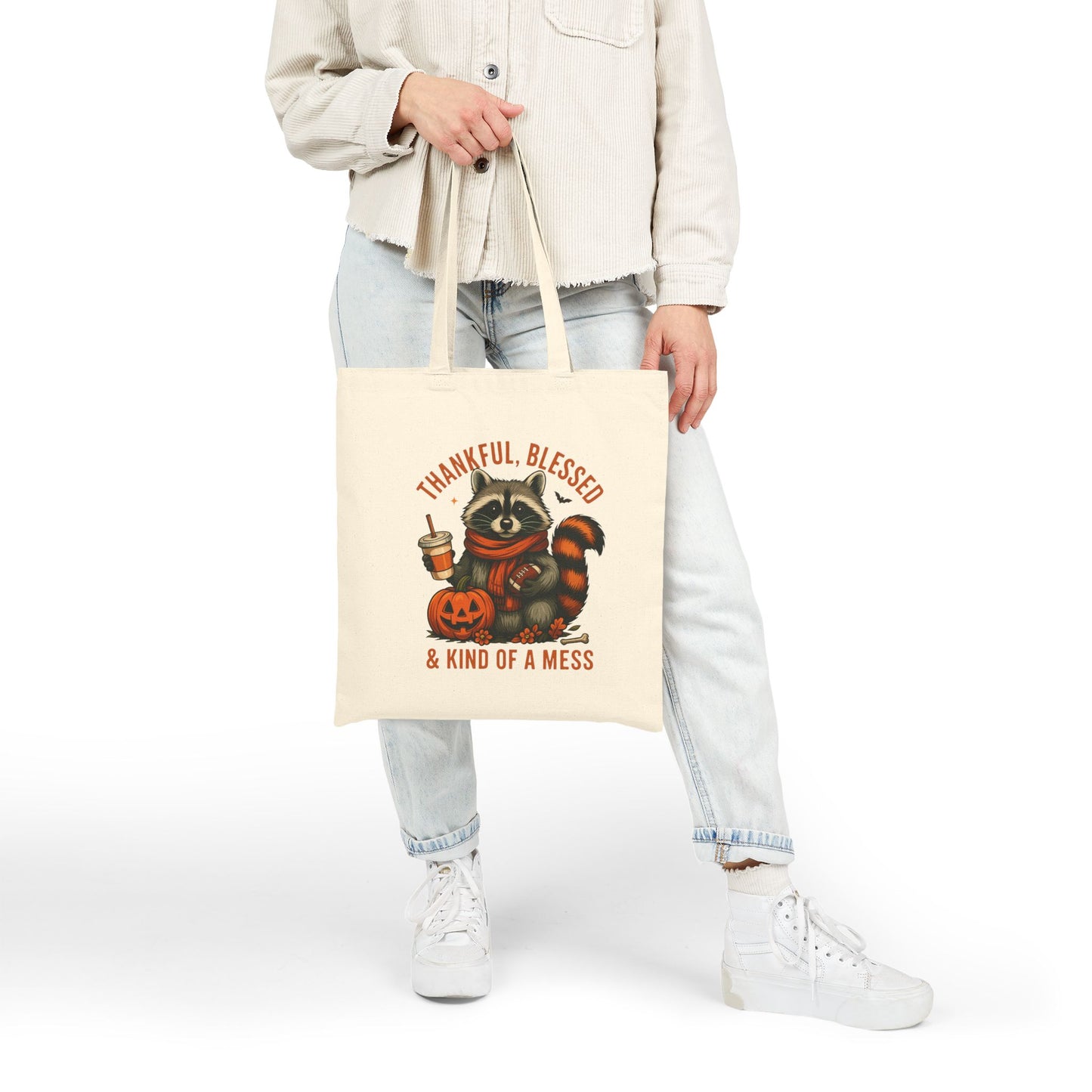 Cotton Canvas Tote Bag, Thankful Blessed and Kind of a Mess Funny Bag, Fall Festive Raccoon and Decor, Pumpkin Coffee, Autumn Reusable