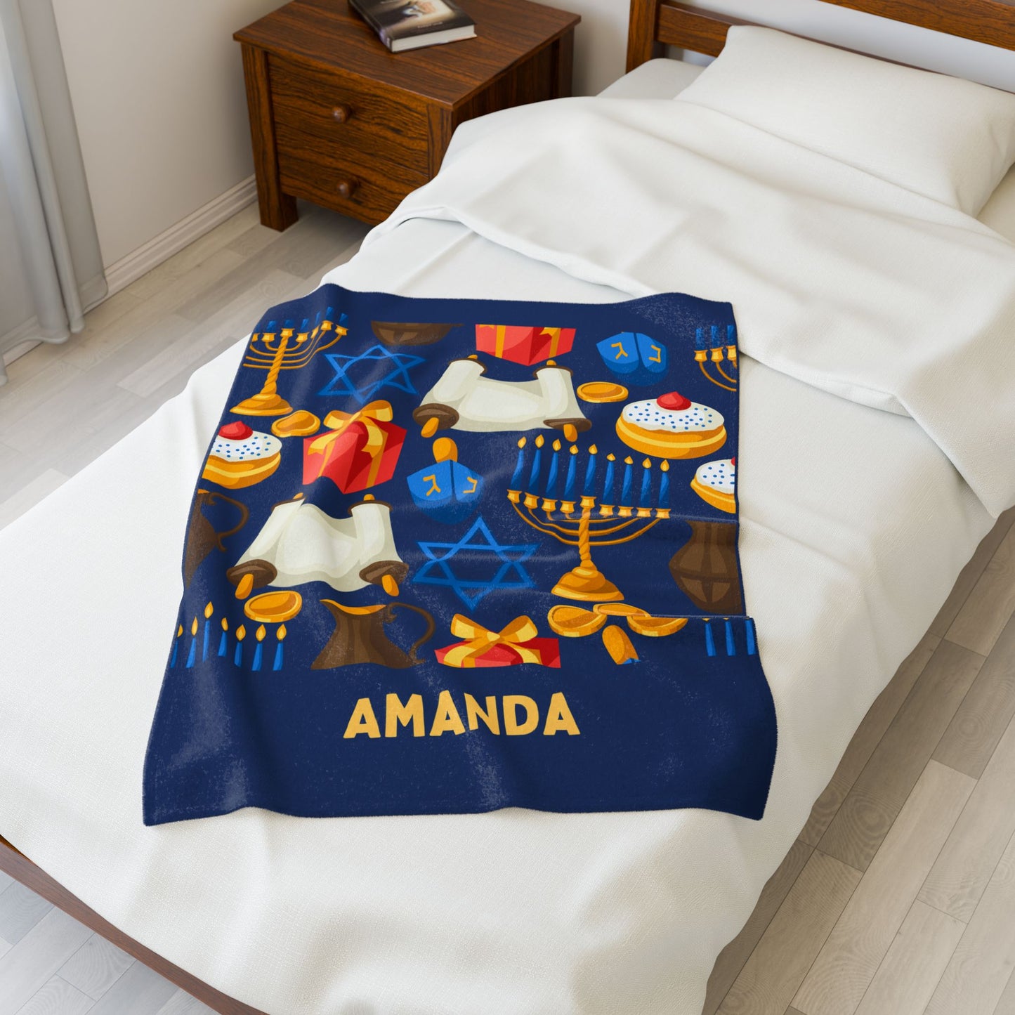 Personalized Hannukah Velveteen Plush Blanket - Hannukah Menorah Dreidel Star of David Personalized