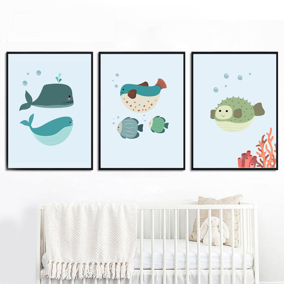 Cartoon Alphanumeric Table Octopus Jellyfish Wall Art Canvas Painting