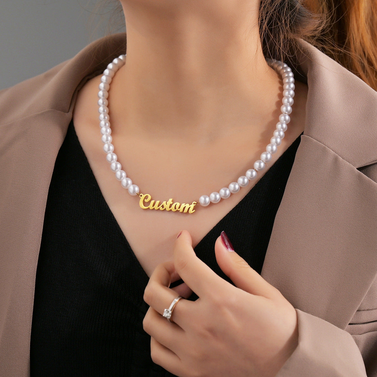 Custom Pearl Necklace with Gold Script Name | Personalized Jewelry Stainless Steel - Personalized Jewelry