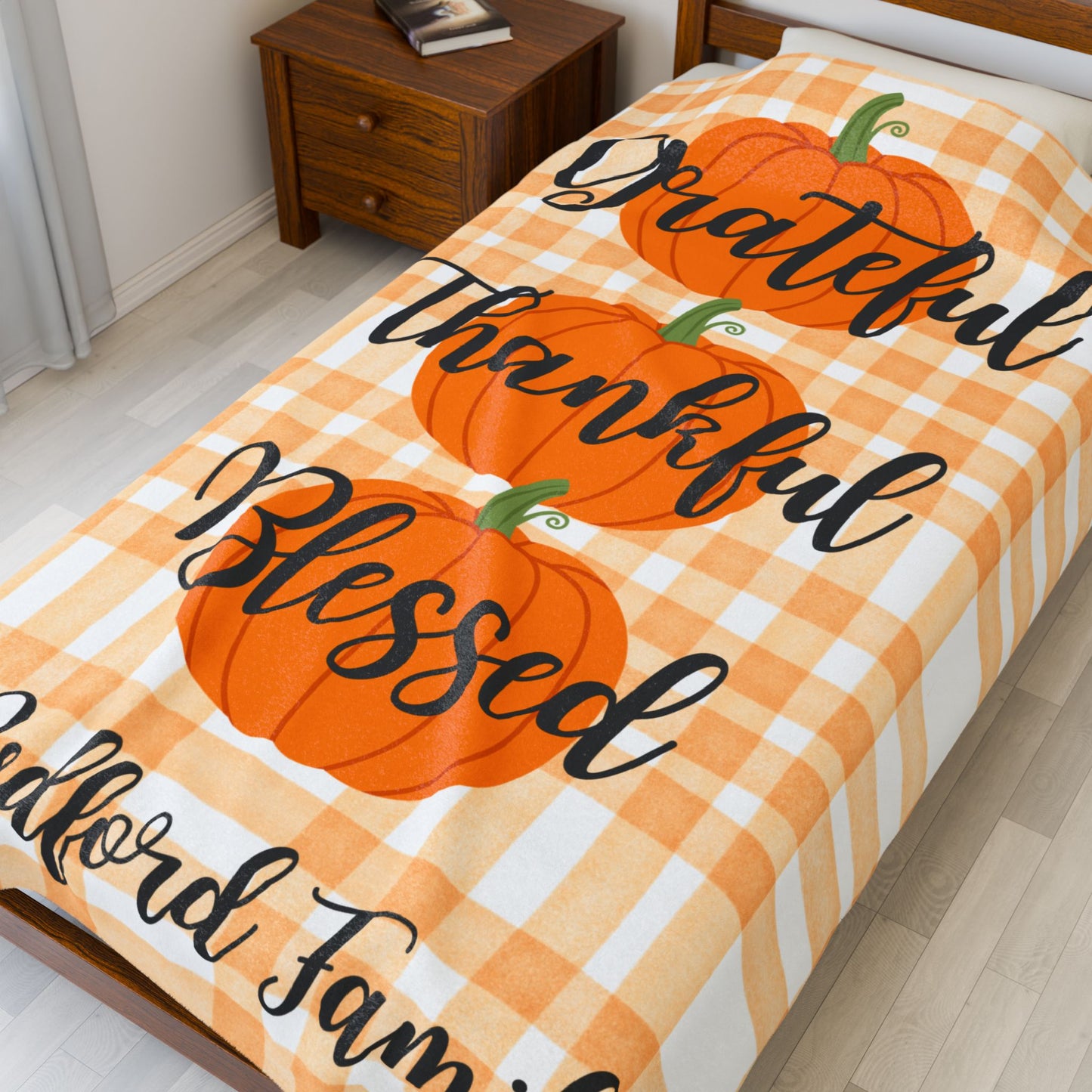 Plaid Personalized Fall Plush Blanket, Family Pumpkins Thanksgiving, Personalized Cozy Throw, Autumn Decor, Gift for hostess, Custom Name