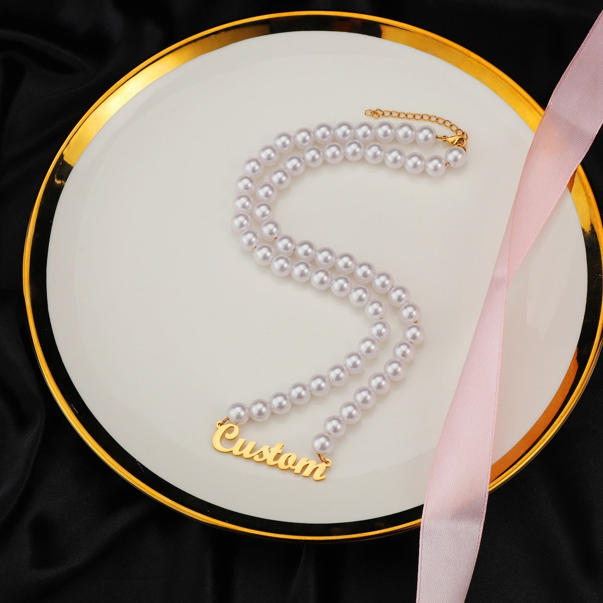 Custom Pearl Necklace with Gold Script Name | Personalized Jewelry Stainless Steel - Personalized Jewelry
