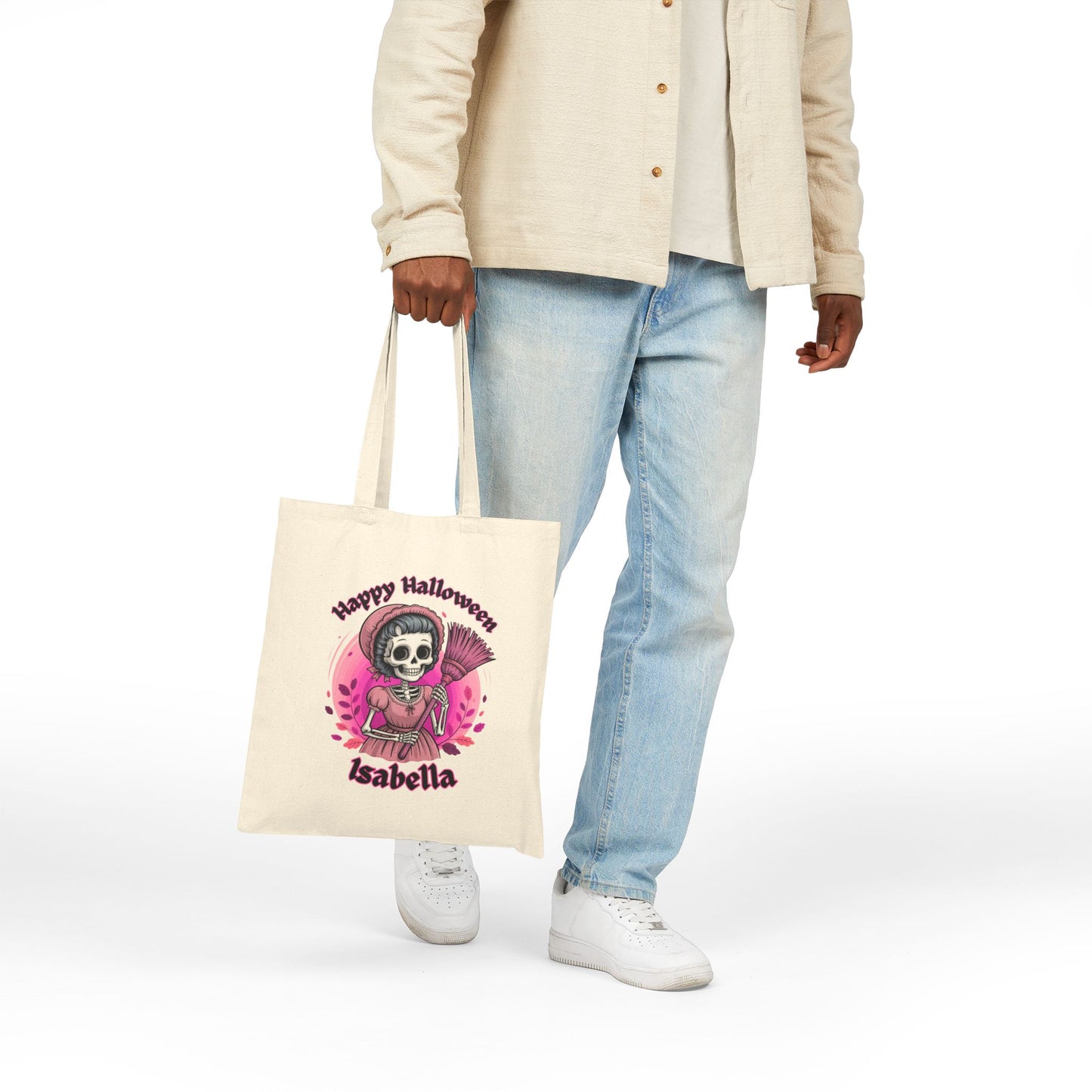 Pink Skeleton Witch Cotton Canvas Tote Bag, Halloween Candy Bag, Trick or Treat Tote, Cute Witch Tote, Halloween Party Bag, Halloween