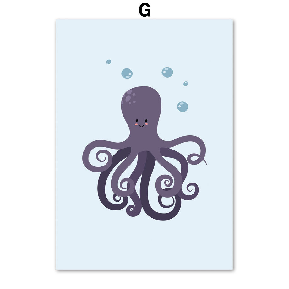 Cartoon Alphanumeric Table Octopus Jellyfish Wall Art Canvas Painting