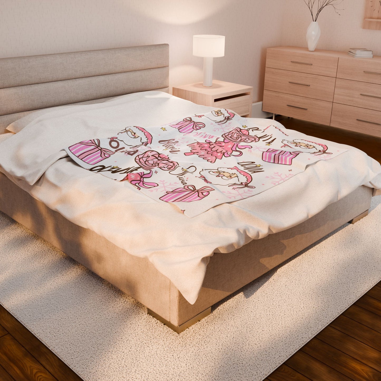 Christmas in Pink Personalized, Santa Trees Gifts, Holiday Gift, Custom Name Throw, Cozy Winter Decor,Velveteen Plush Blanket -