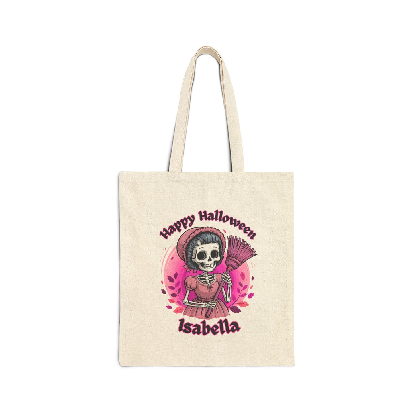 Pink Skeleton Witch Cotton Canvas Tote Bag, Halloween Candy Bag, Trick or Treat Tote, Cute Witch Tote, Halloween Party Bag, Halloween