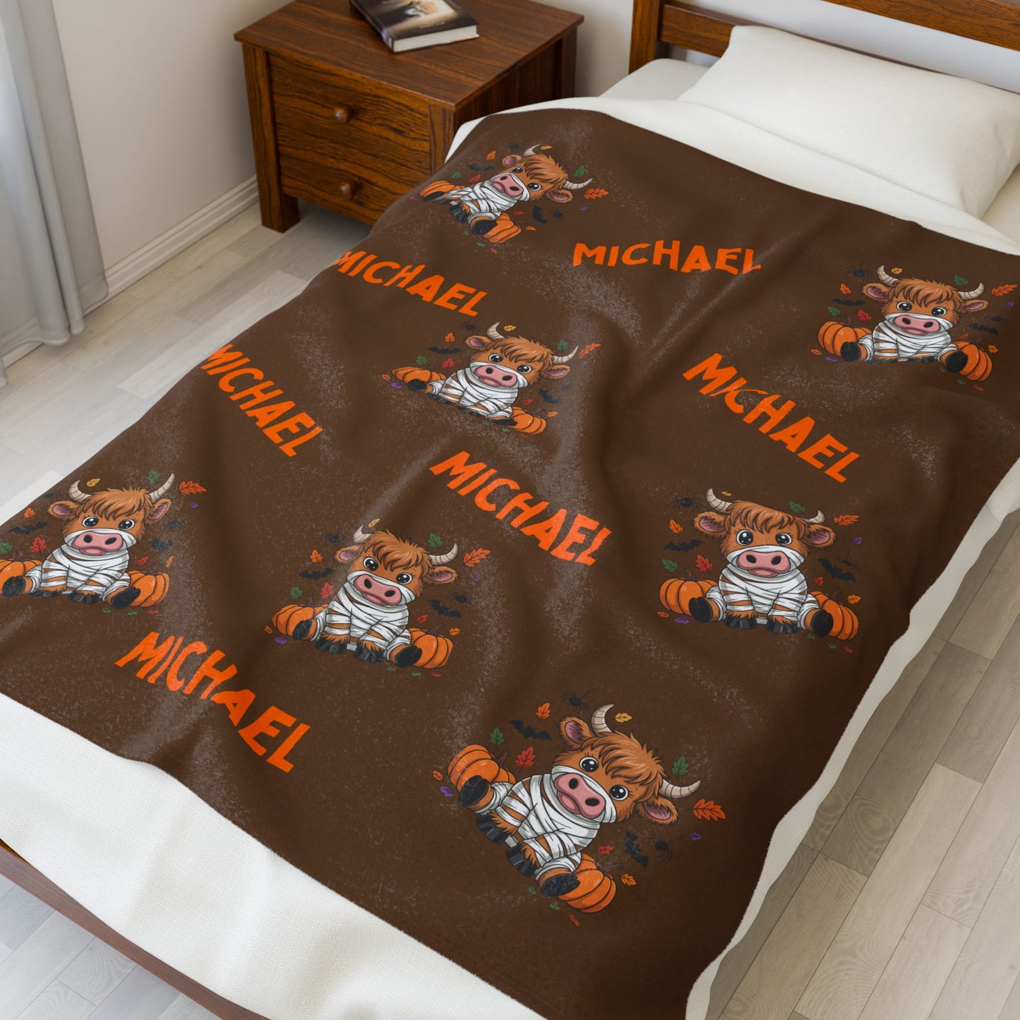 Personalized Halloween Velveteen Plush Blanket, Cow Mummy Costume, Custom Name, Kids Adults, Soft Throw Decor, Holiday Gift, Halloween Decor