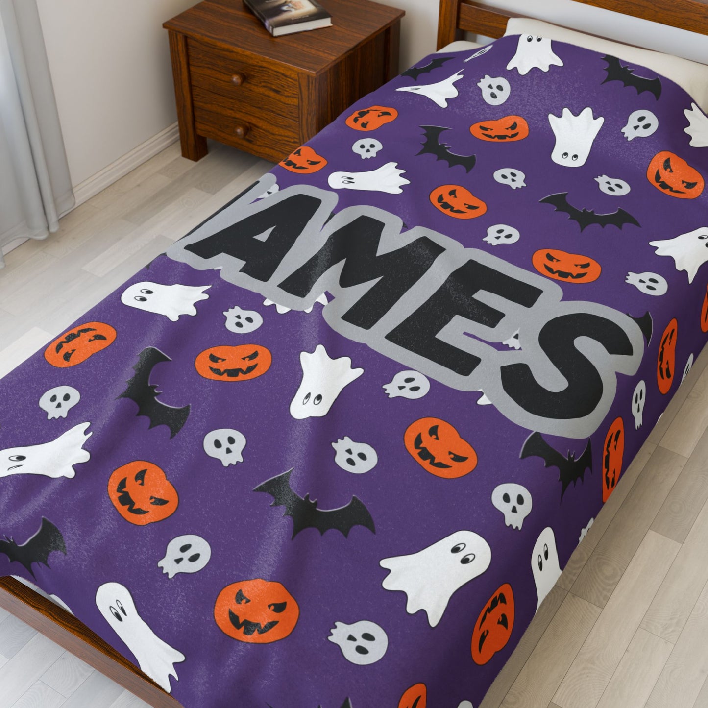 Plush Halloween Blanket, Personalized Name Ghosts and Pumpkins, Purple, Boy, Halloween Decor, Halloween Gift, Halloween Bedding, Halloween