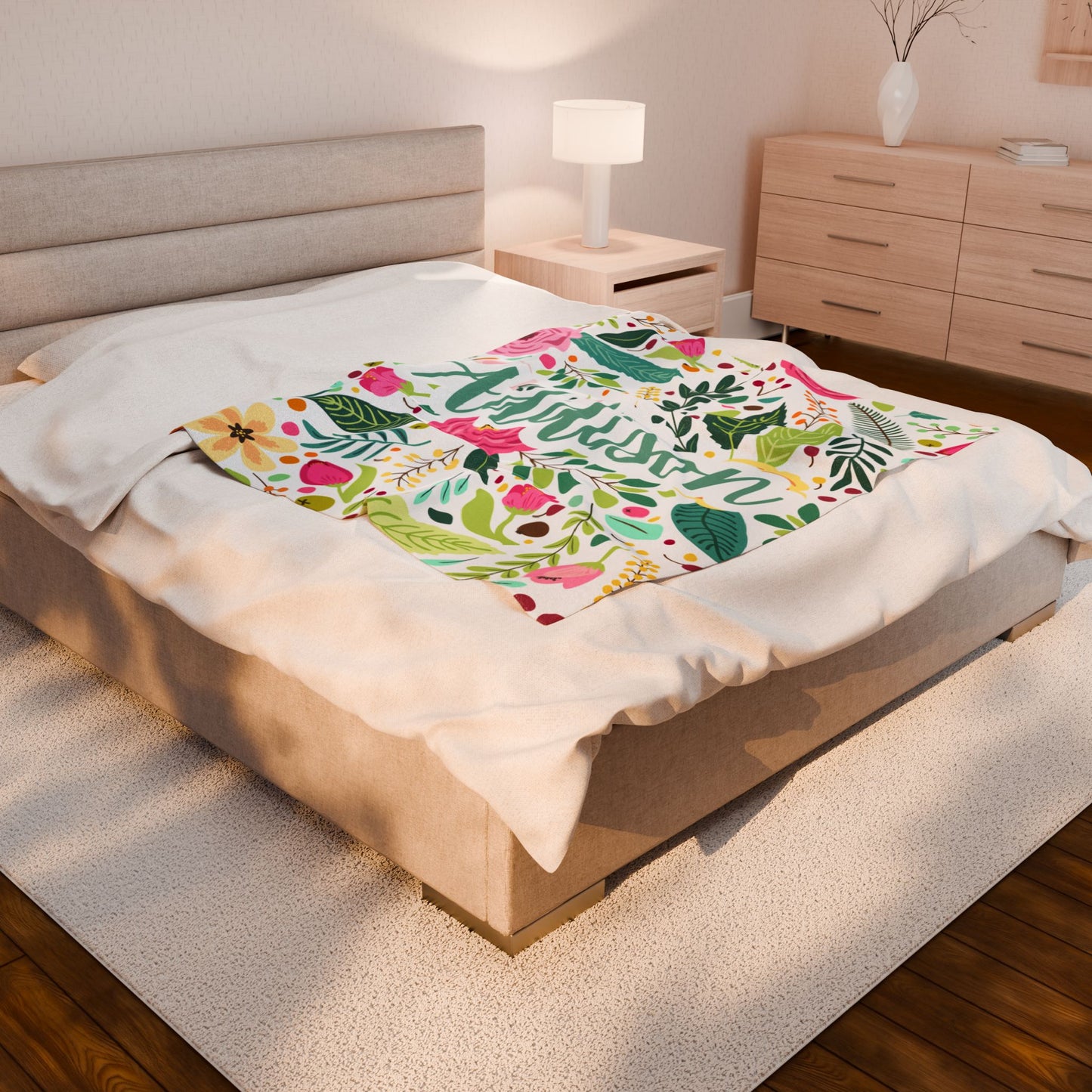 Plush Blanket, Personalized Floral Name Blanket, Custom Cozy Throw, Flower Design, Soft Blankie, Comfy Bedding