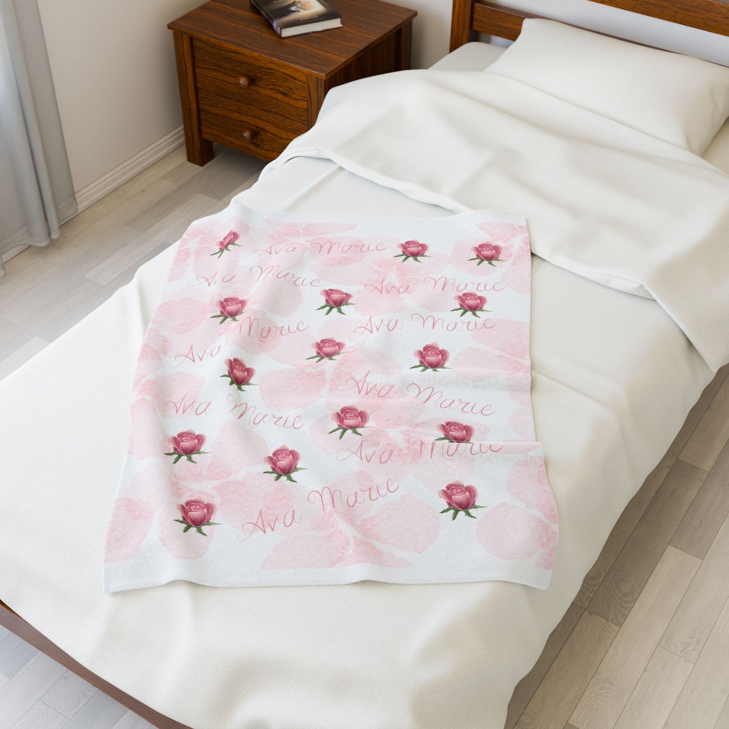 Personalized Velveteen Plush Blanket with Pink Roses - Gift for newborn, nursery decor