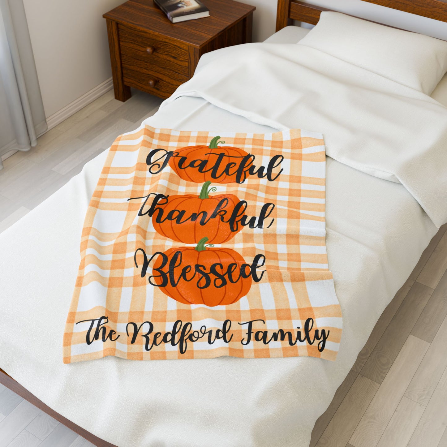 Plaid Personalized Fall Plush Blanket, Family Pumpkins Thanksgiving, Personalized Cozy Throw, Autumn Decor, Gift for hostess, Custom Name