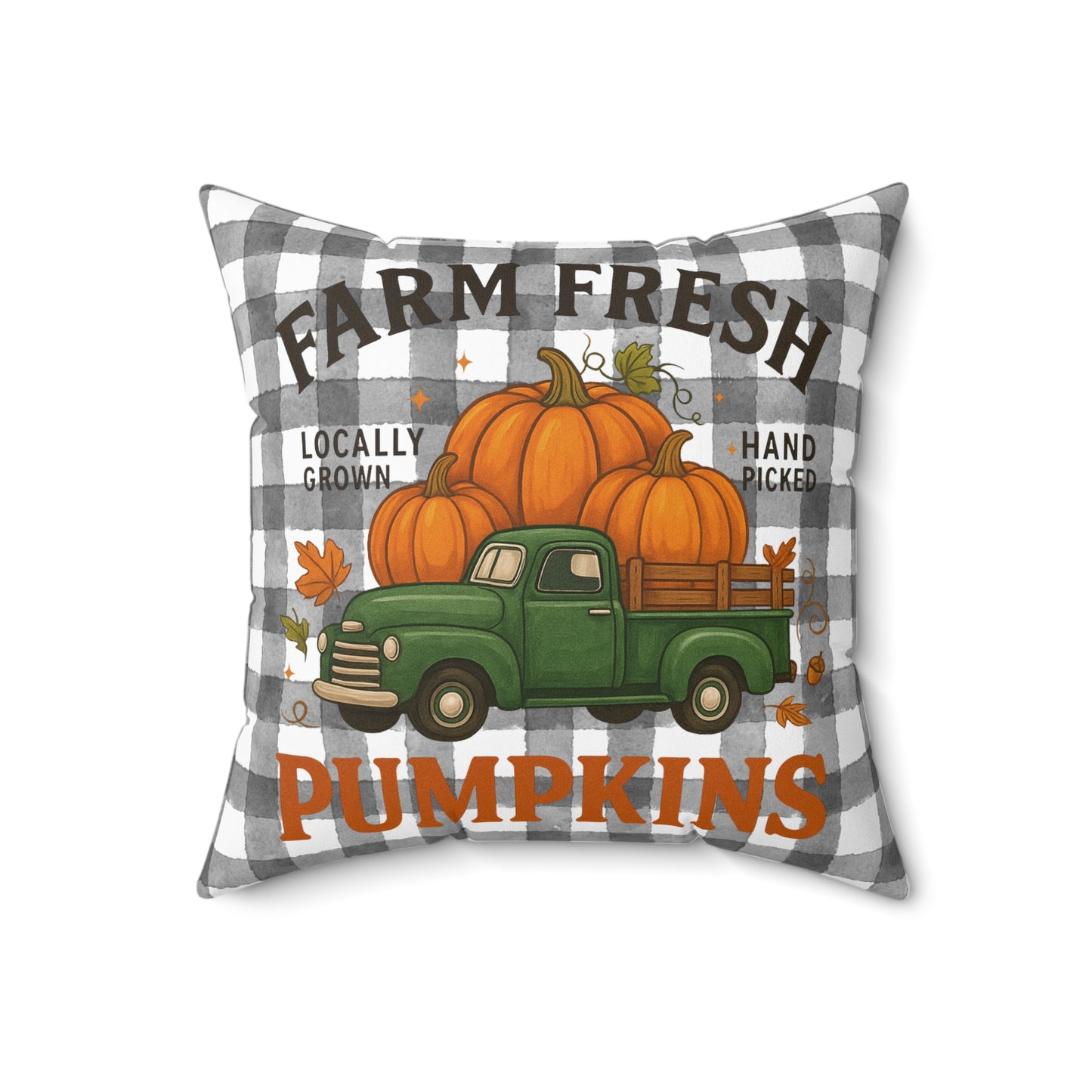 Farm Fresh Pumpkins Square Pillow, Fall Decor Pillow, Grey Plaid Pillow, Autumn Harvest Pillow, Halloween Pillow, Thanksgiving Pillow
