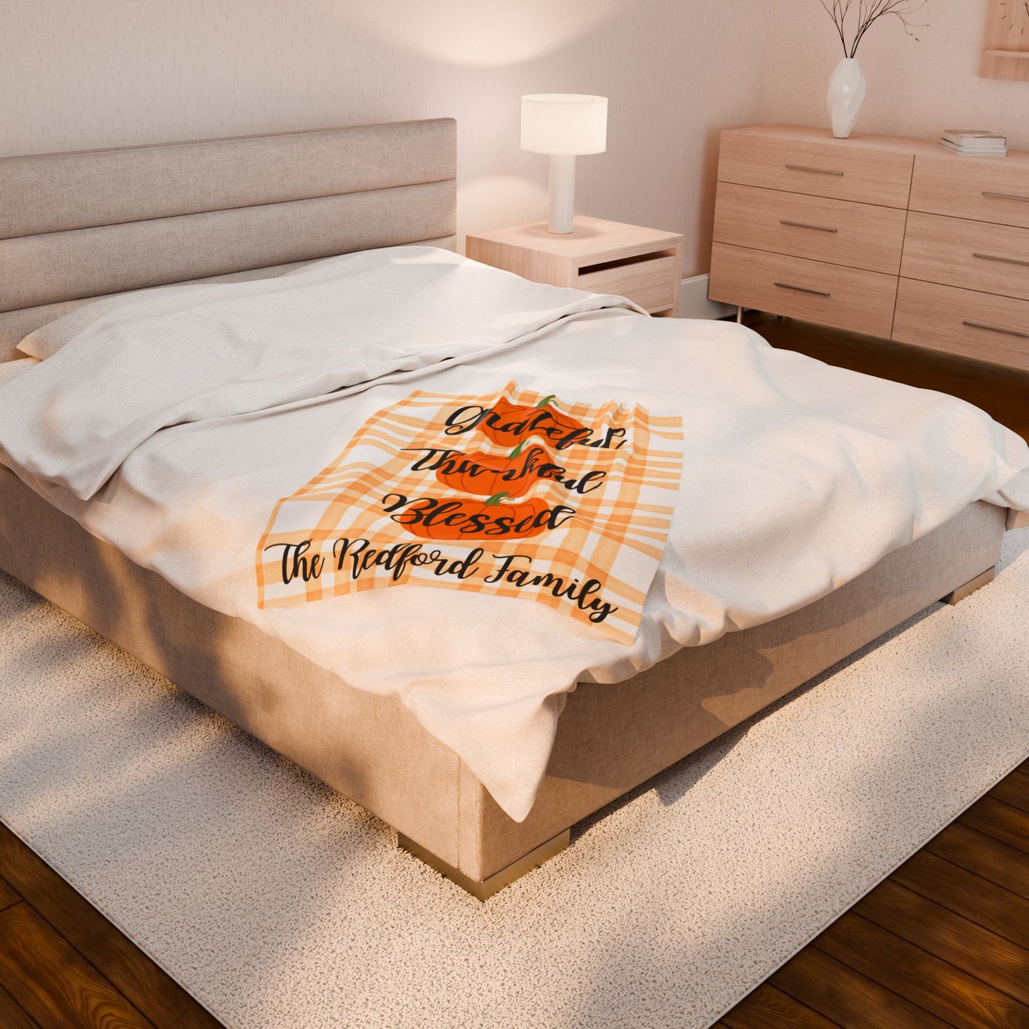 Plaid Personalized Fall Plush Blanket, Family Pumpkins Thanksgiving, Personalized Cozy Throw, Autumn Decor, Gift for hostess, Custom Name