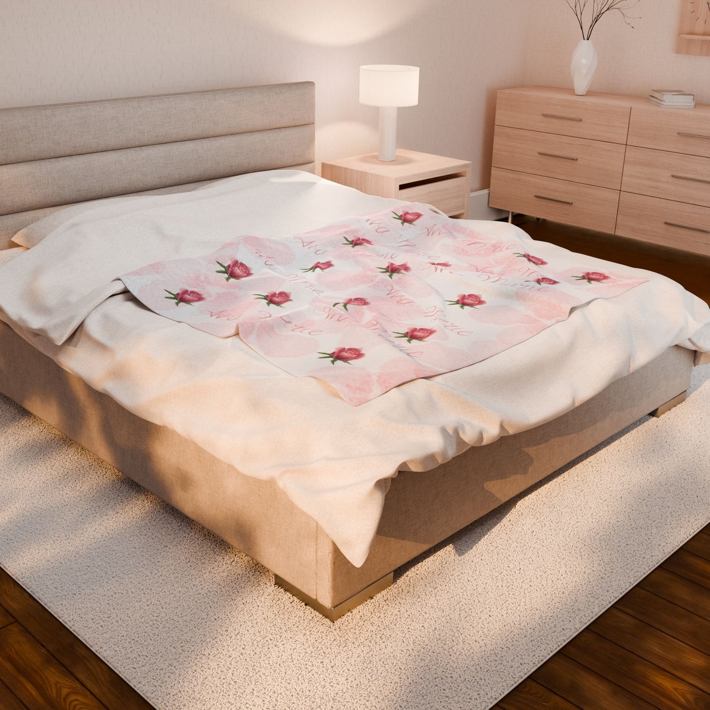 Personalized Velveteen Plush Blanket with Pink Roses - Gift for newborn, nursery decor