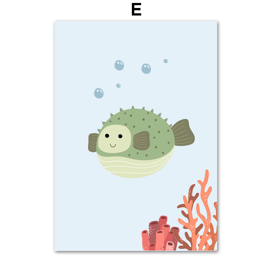 Cartoon Alphanumeric Table Octopus Jellyfish Wall Art Canvas Painting