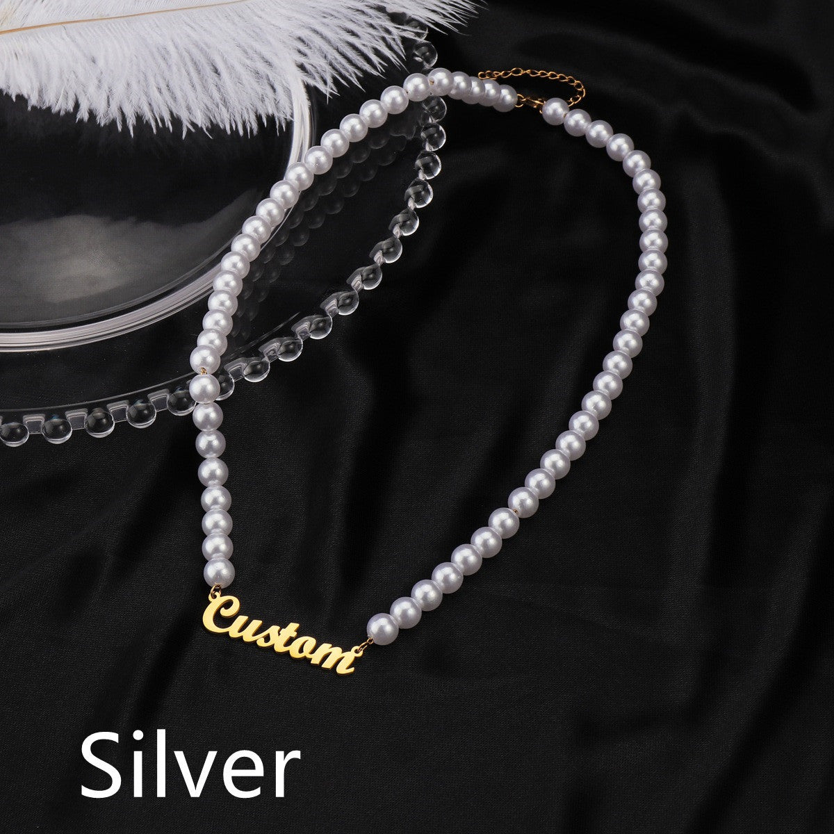 Custom Pearl Necklace with Gold Script Name | Personalized Jewelry Stainless Steel - Personalized Jewelry