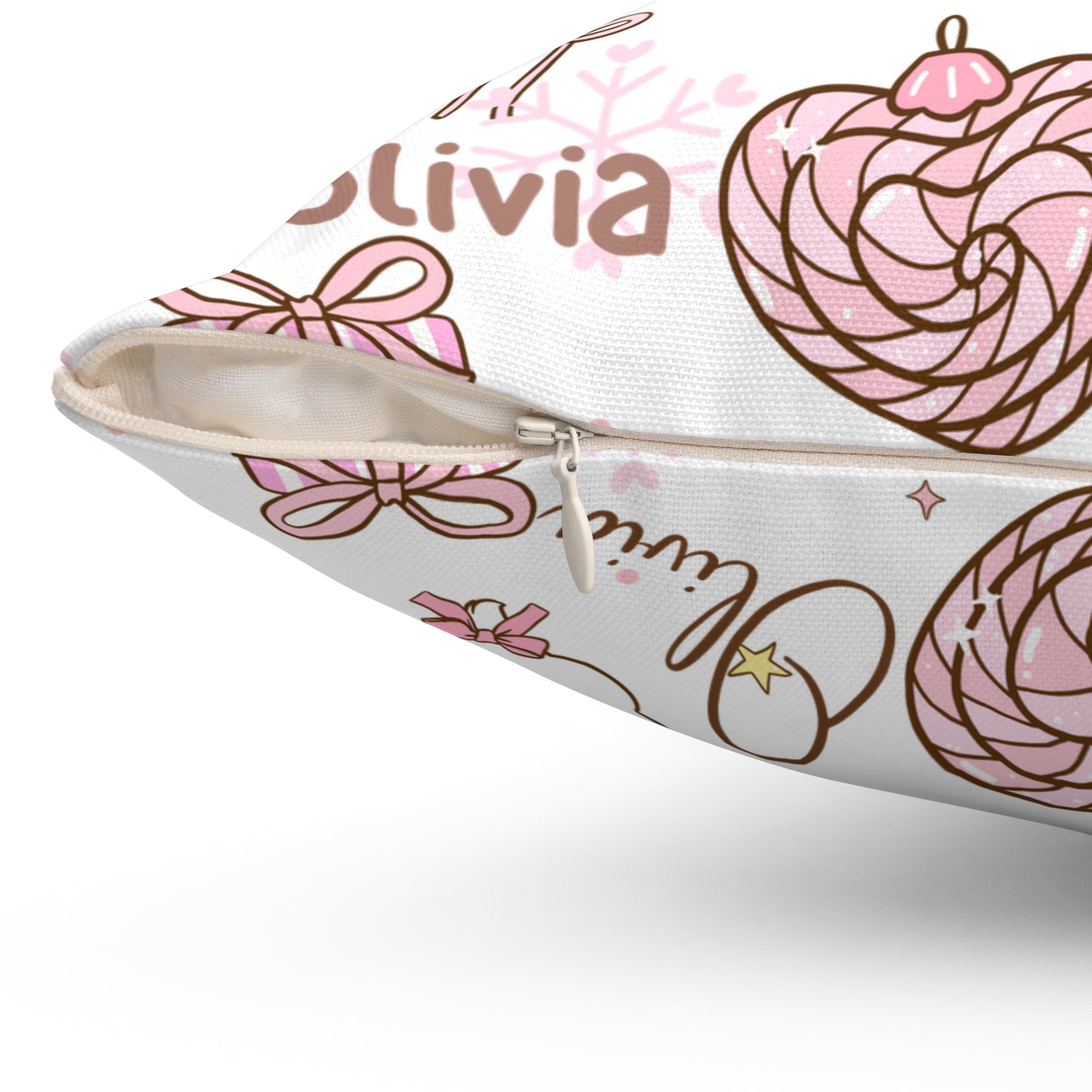Christmas Pink Personalized Spun Polyester Pillow, Holiday Decor, Custom Name Cushion, Festive Square Throw Pillow, Home Accent