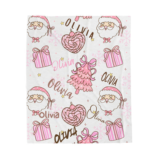 Christmas in Pink Personalized, Santa Trees Gifts, Holiday Gift, Custom Name Throw, Cozy Winter Decor,Velveteen Plush Blanket -