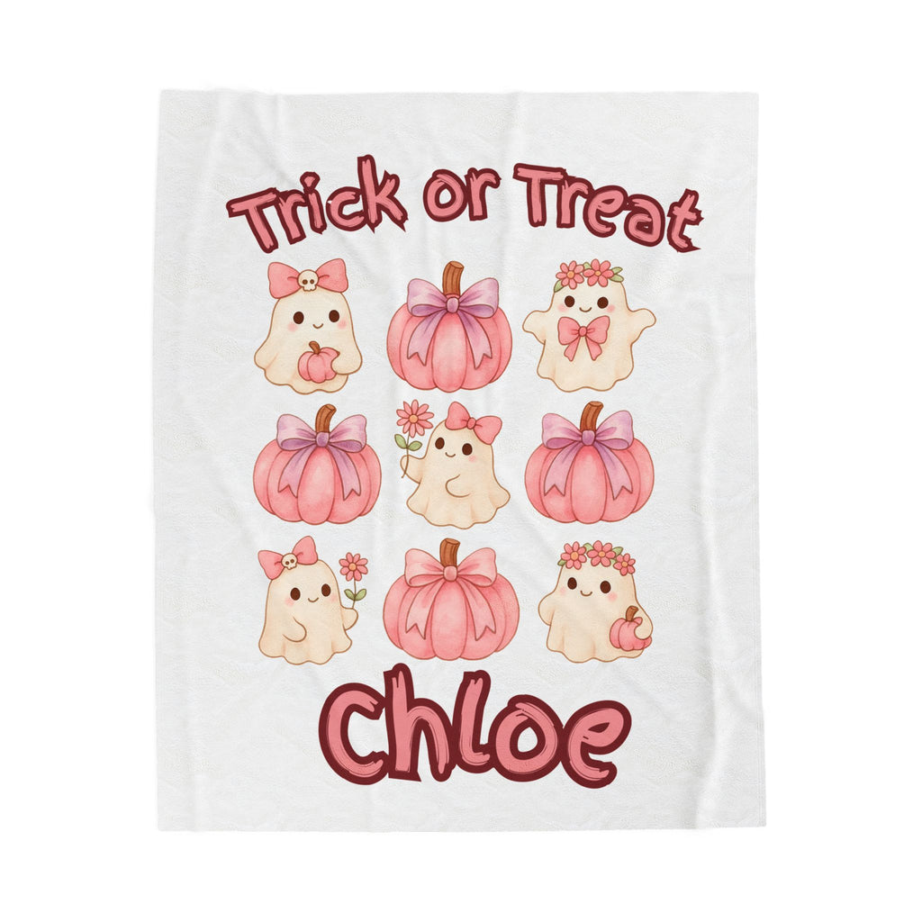 Halloween Throw Blanket, Pink Ghosts & Pumpkins, Trick or Treat, Velveteen Blanket, Kids Halloween Decor, Cozy Halloween Gift