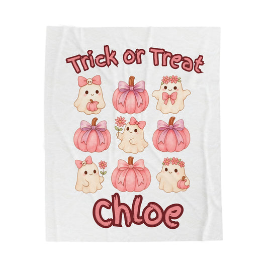 Halloween Throw Blanket, Pink Ghosts & Pumpkins, Trick or Treat, Velveteen Blanket, Kids Halloween Decor, Cozy Halloween Gift