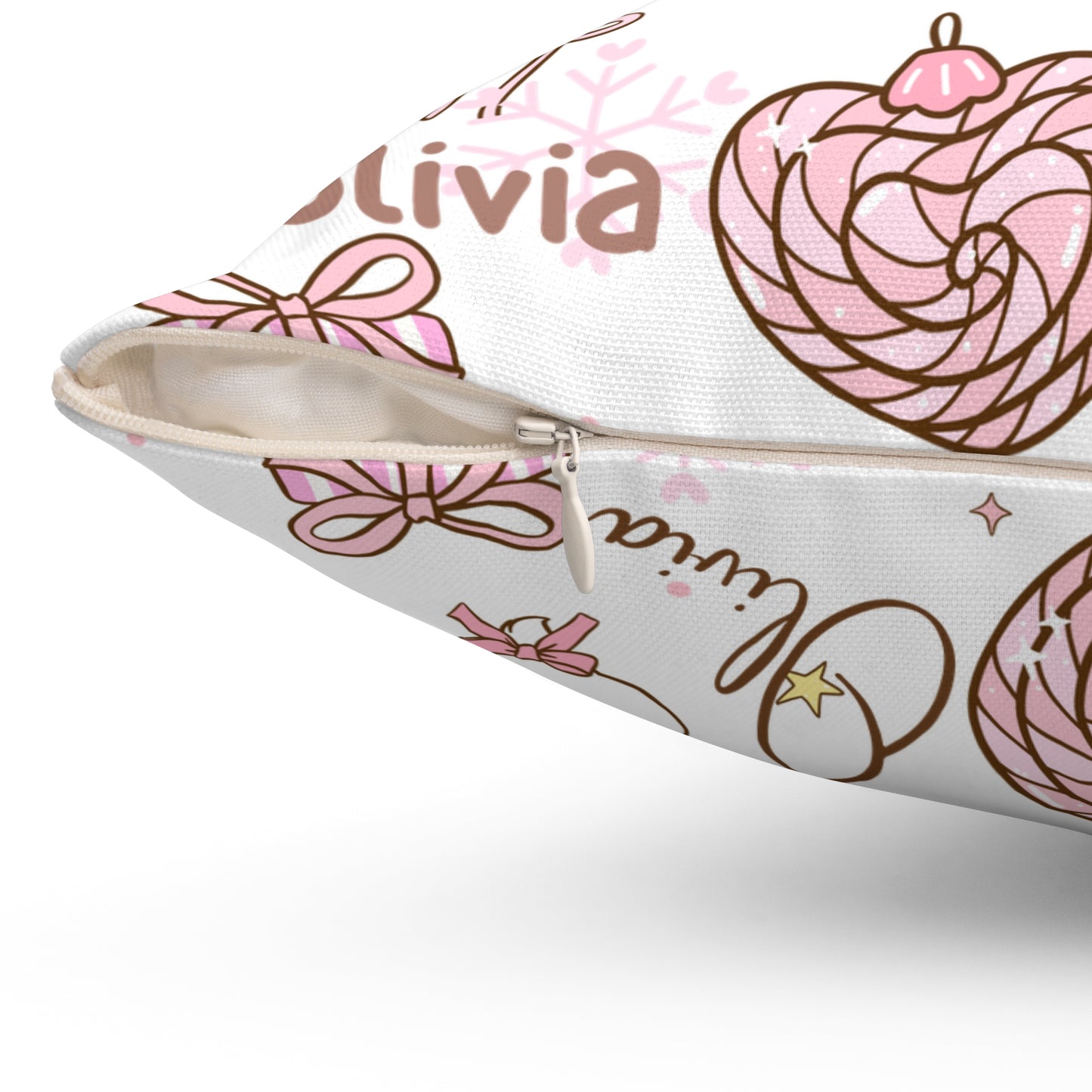 Christmas Pink Personalized Spun Polyester Pillow, Holiday Decor, Custom Name Cushion, Festive Square Throw Pillow, Home Accent